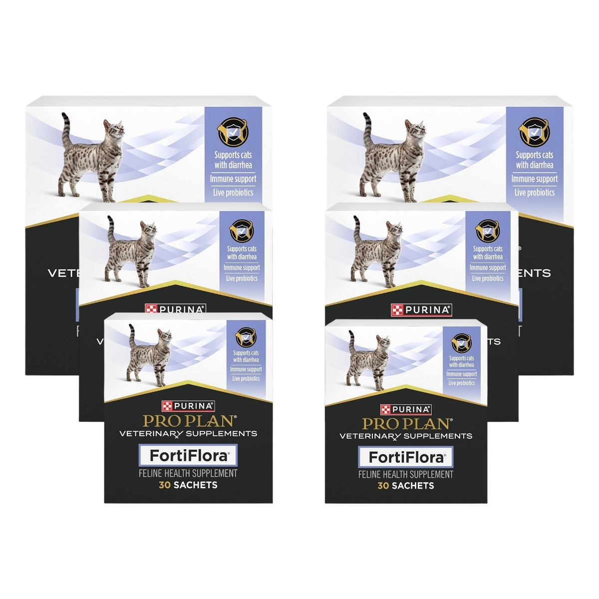 Purina Pro Plan Veterinary Supplements FortiFlora package with a cat illustration on a dark background