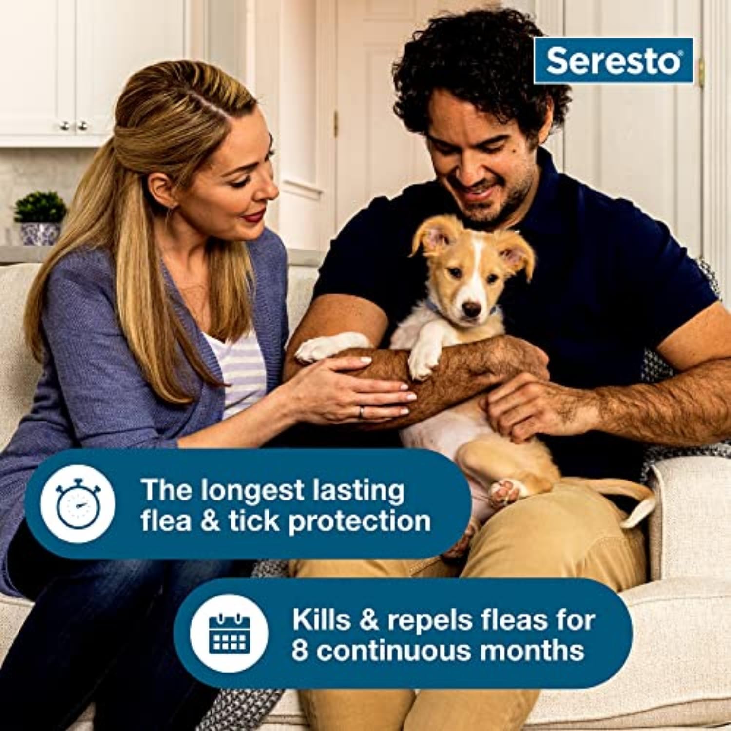 Couple holding a puppy with Seresto branding and product benefits text.