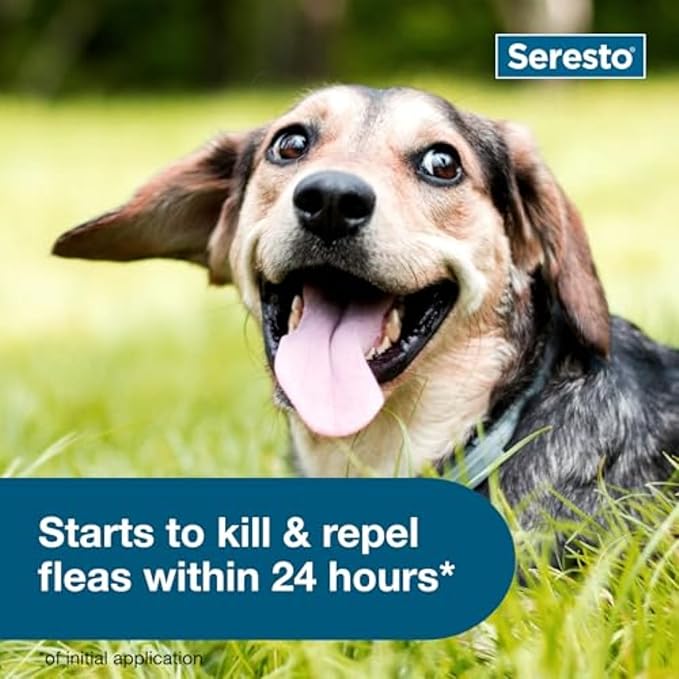 Dog in grass with Seresto branding and text about flea control