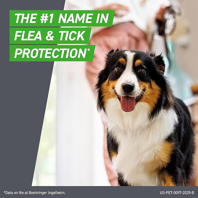 Dog with a focus on flea and tick protection, featuring text about the product's name and benefits.