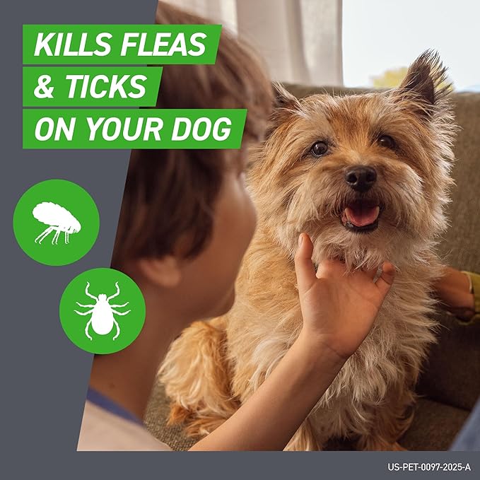 Person petting a dog with text about flea and tick treatment.