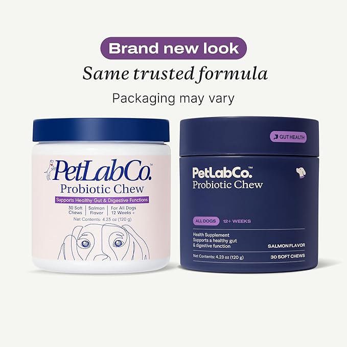 Two containers of PetLabCo Probiotic Chew on a white background with text about brand new look and trusted formula.