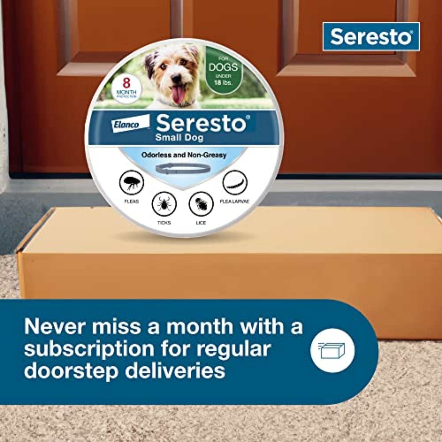 Seresto product for small dogs on a doorstep with promotional text.
