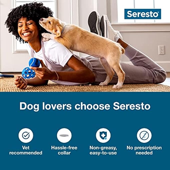 Woman playing with a small dog on the floor, with Seresto branding and product features displayed.