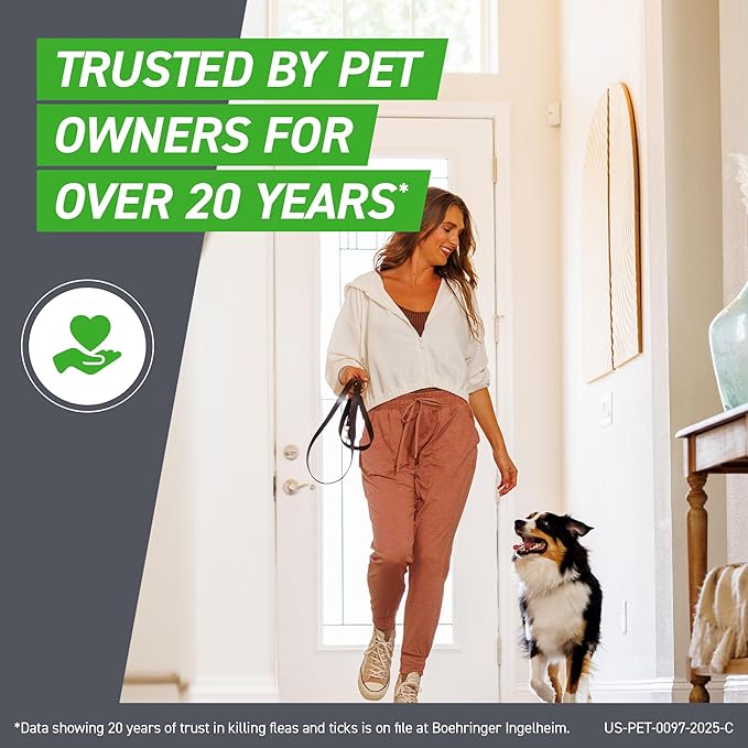 Woman walking a dog with text about trust over 20 years in pet care.